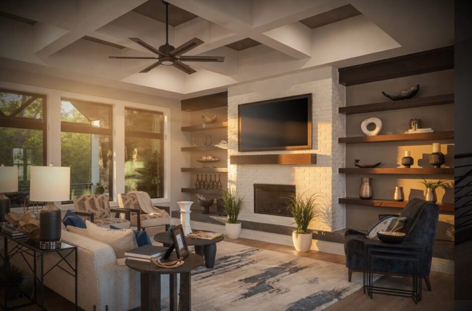 Oakmont floor plan great room with coffered ceiling, white brick fireplace, floating wood shelves, and floor-to-ceiling windows — Justin Doyle Homes, Cincinnati