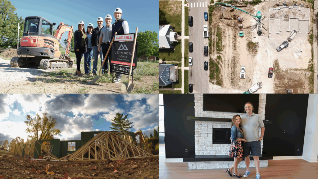 Collage of Justin Doyle Homes projects completed in 2025, including the Lebanon Landing townhome community, a family move-in, and fall framing progress on a custom home in Cincinnati.