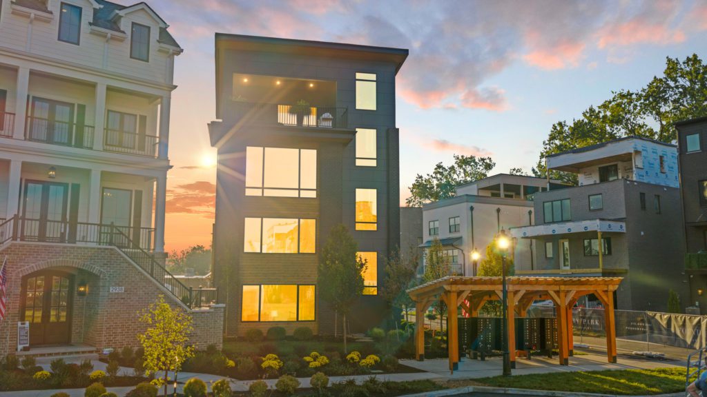 Exterior of The Obsidian Homearama showcase home by Justin Doyle Homes at sunset, highlighting luxury design, architectural details, and elegant craftsmanship in Cincinnati.