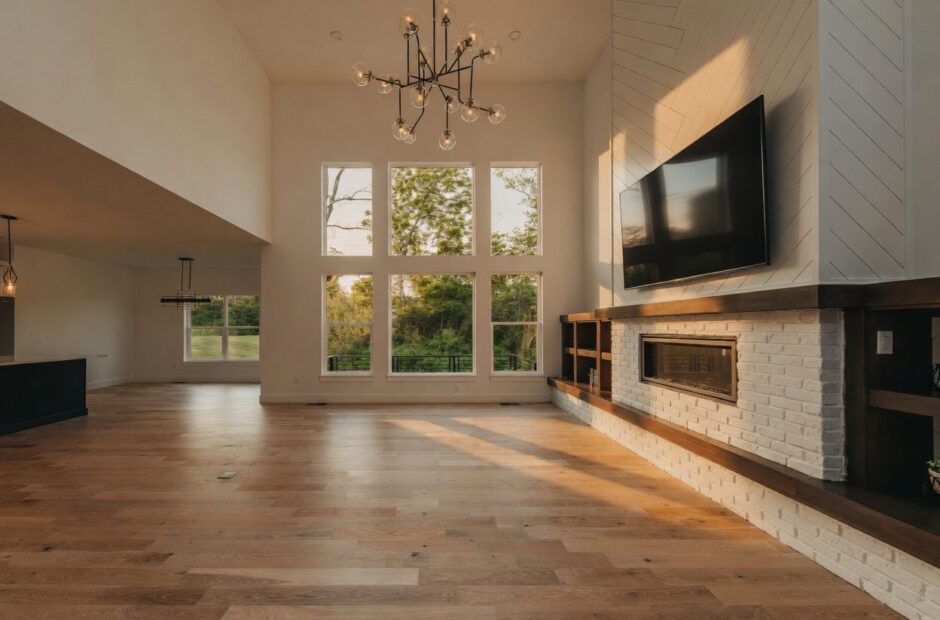 Cypress Pointe floor plan two-story great room at golden hour with floor-to-ceiling windows, white brick fireplace, and open sightlines to kitchen — Justin Doyle Homes, Cincinnati