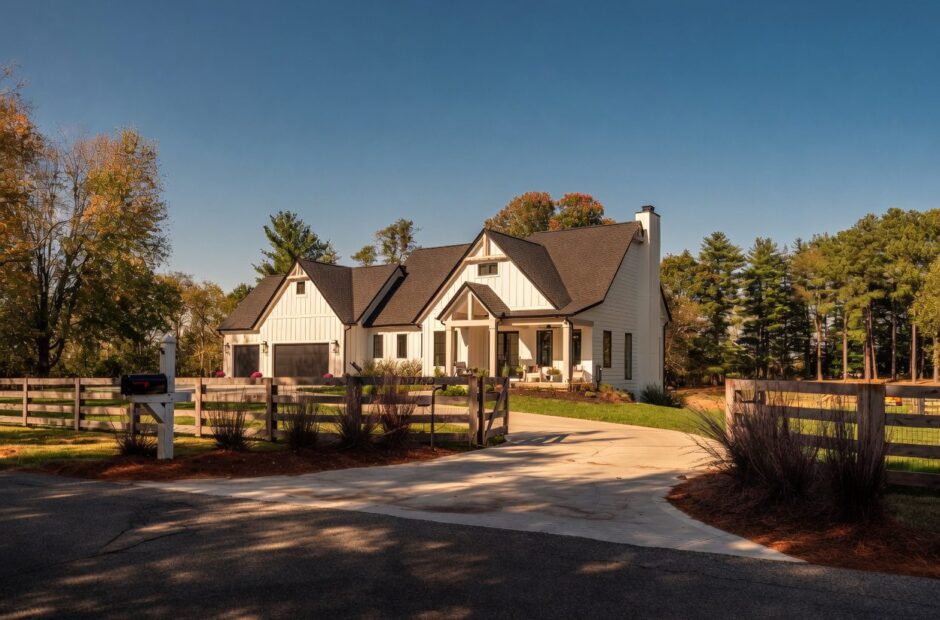 Oakmont II custom home exterior by Justin Doyle Homes — white board and batten Signature Series home with covered front porch, attached garage, and split rail fence in Cincinnati area