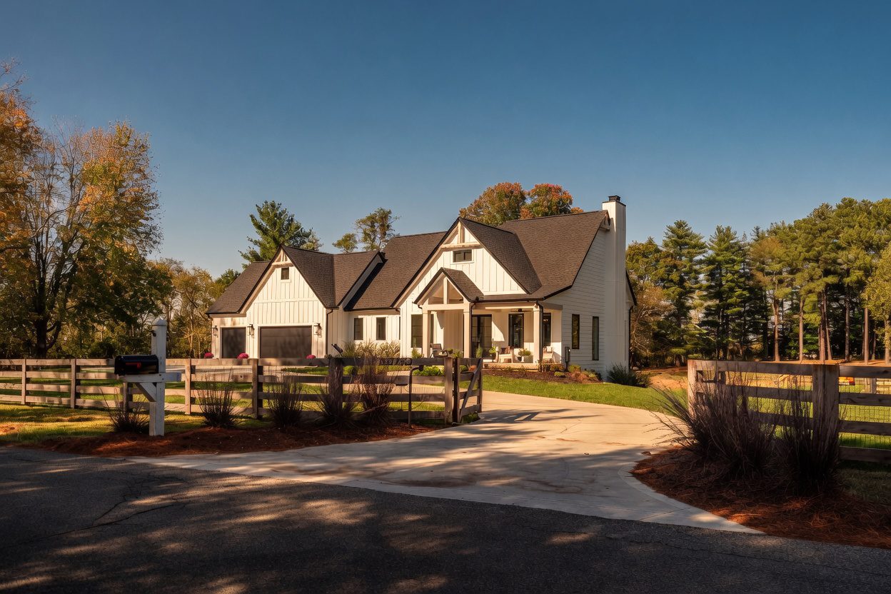 Oakmont II custom home exterior by Justin Doyle Homes — white board and batten Signature Series home with covered front porch, attached garage, and split rail fence in Cincinnati area