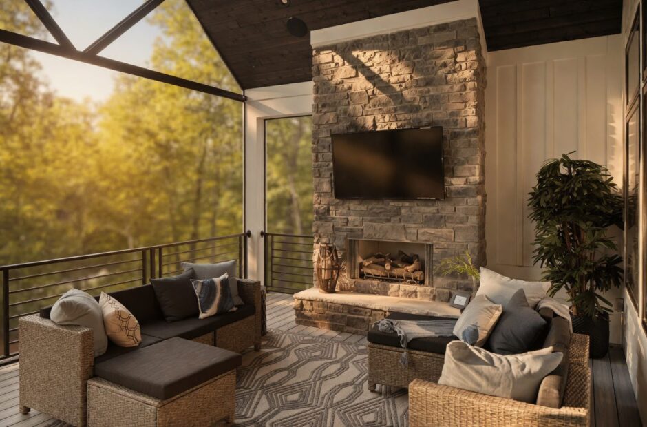 Oakmont floor plan covered screened porch with floor-to-ceiling stone fireplace, outdoor TV, vaulted wood ceiling, and wooded views — Justin Doyle Homes, Cincinnati