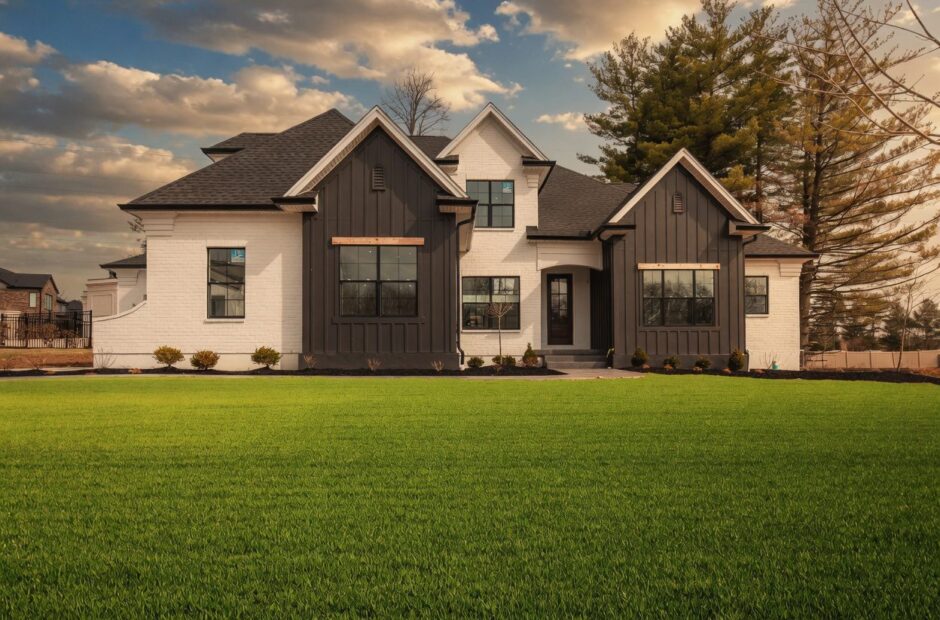 Cypress Pointe floor plan exterior — two-story custom home with white brick, dark board and batten siding, black-framed windows, and arched entry — Justin Doyle Homes, Cincinnati