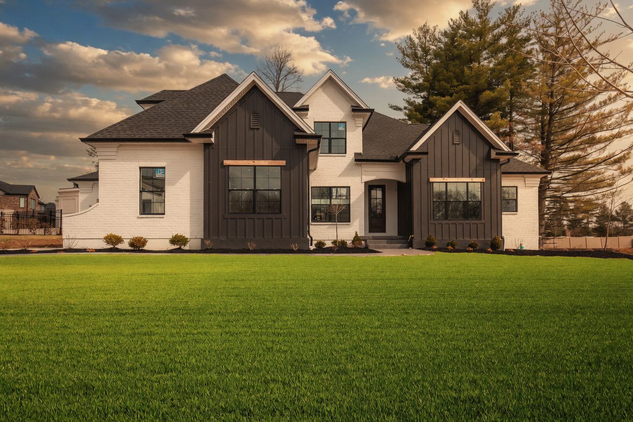 Cypress Pointe floor plan exterior — two-story custom home with white brick, dark board and batten siding, black-framed windows, and arched entry — Justin Doyle Homes, Cincinnati