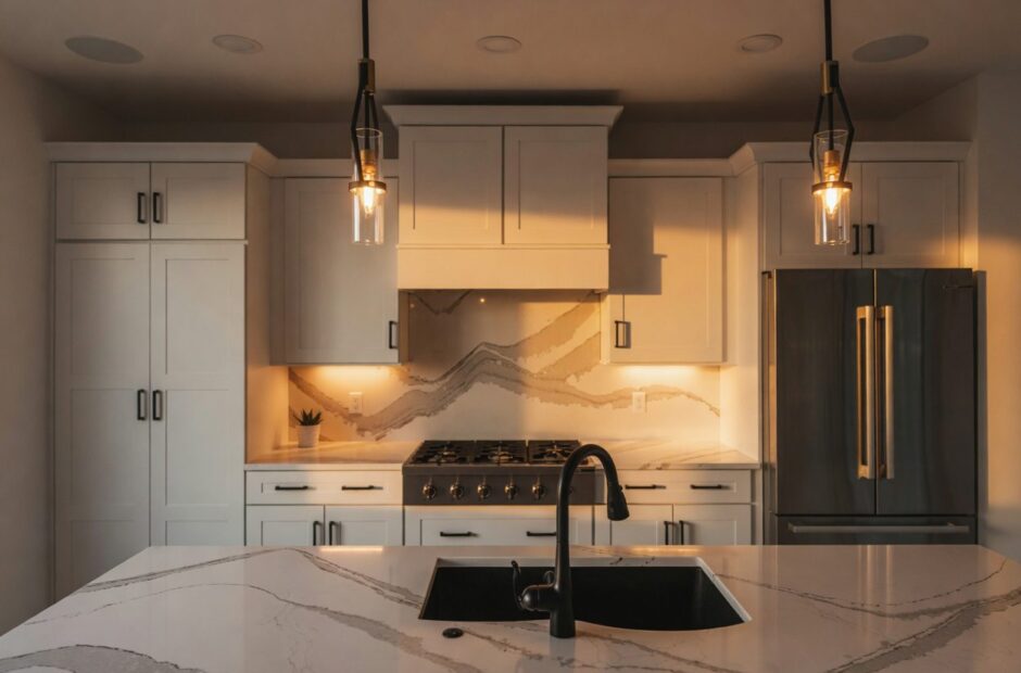 Cypress Pointe floor plan kitchen with white shaker cabinetry, bookmatched quartz backsplash, black undermount sink, professional gas range, and panel-ready refrigerator — Justin Doyle Homes, Cincinnati