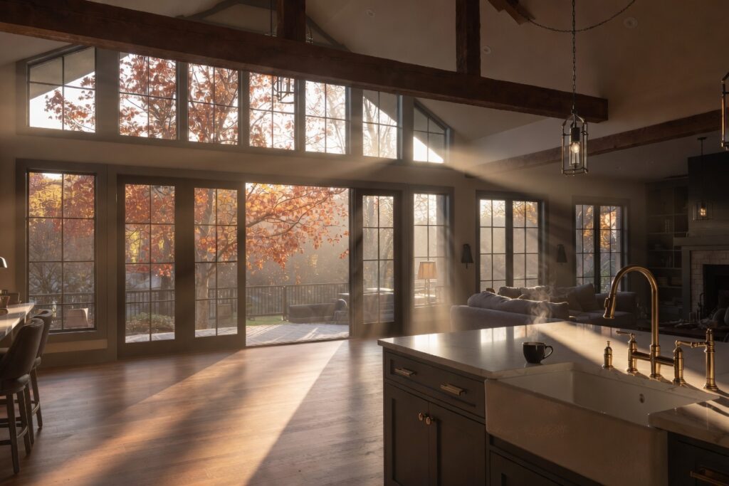 Open kitchen and great room with exposed wood beams, floor-to-ceiling windows, and autumn tree views in a custom home