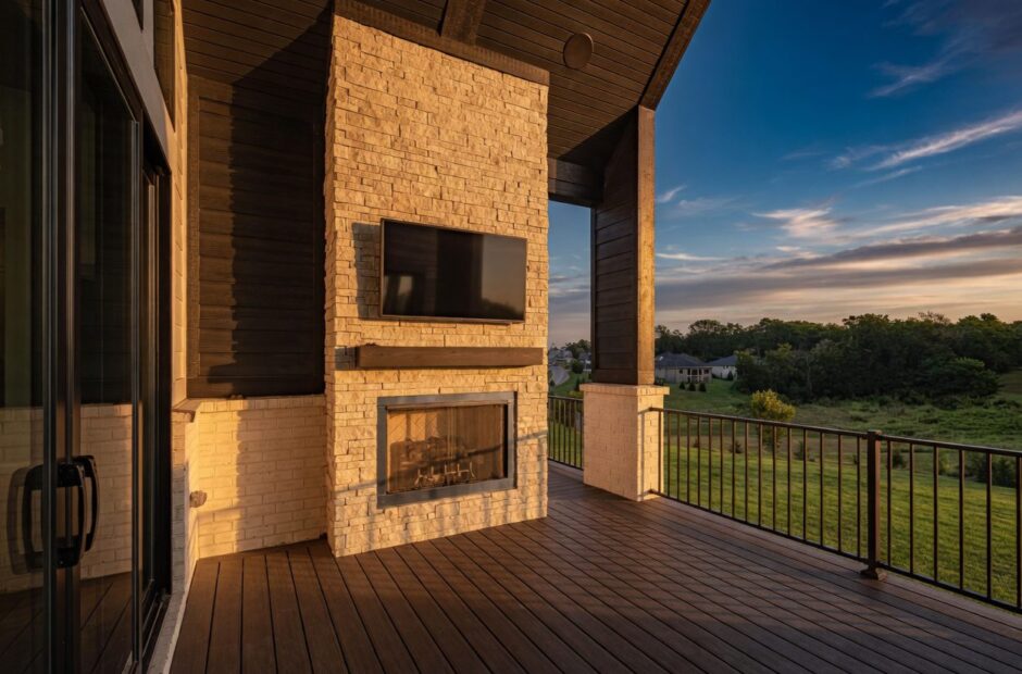 Breckenridge covered outdoor deck with stacked stone fireplace, mounted TV, and panoramic views by Justin Doyle Homes — custom home builder Cincinnati