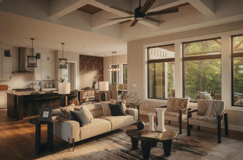 Oakmont floor plan open-concept great room with coffered ceiling, floor-to-ceiling windows, and open sightlines to kitchen and dining — Justin Doyle Homes, Cincinnati