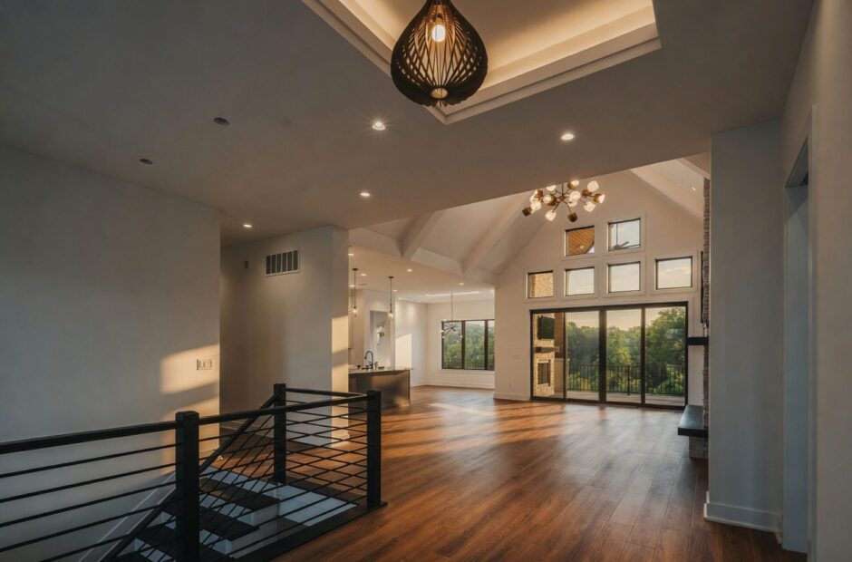 Breckenridge open concept main living area with vaulted ceiling, hardwood floors, and sliding glass doors to outdoor deck by Justin Doyle Homes — custom home builder Cincinnati
