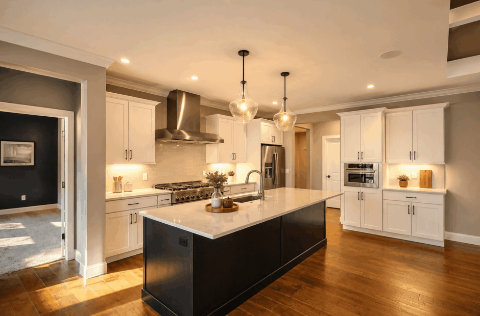 Rubicon floor plan kitchen with white shaker cabinetry, dark oversized island, quartz countertops, and hardwood floors — Justin Doyle Homes, Cincinnati
