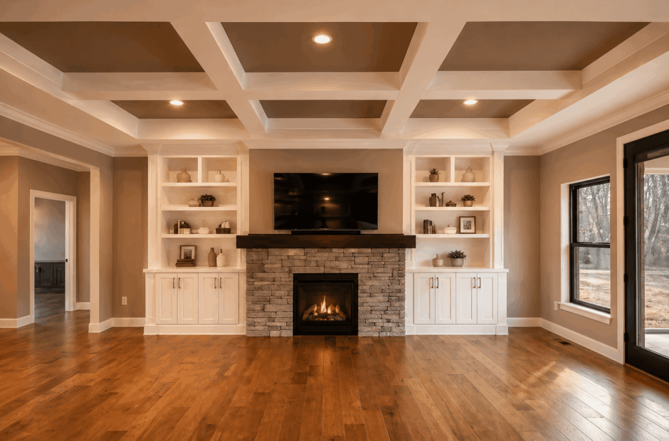 Rubicon floor plan great room with coffered ceiling, stone fireplace, flanking built-in shelving, and hardwood floors — Justin Doyle Homes, Cincinnati