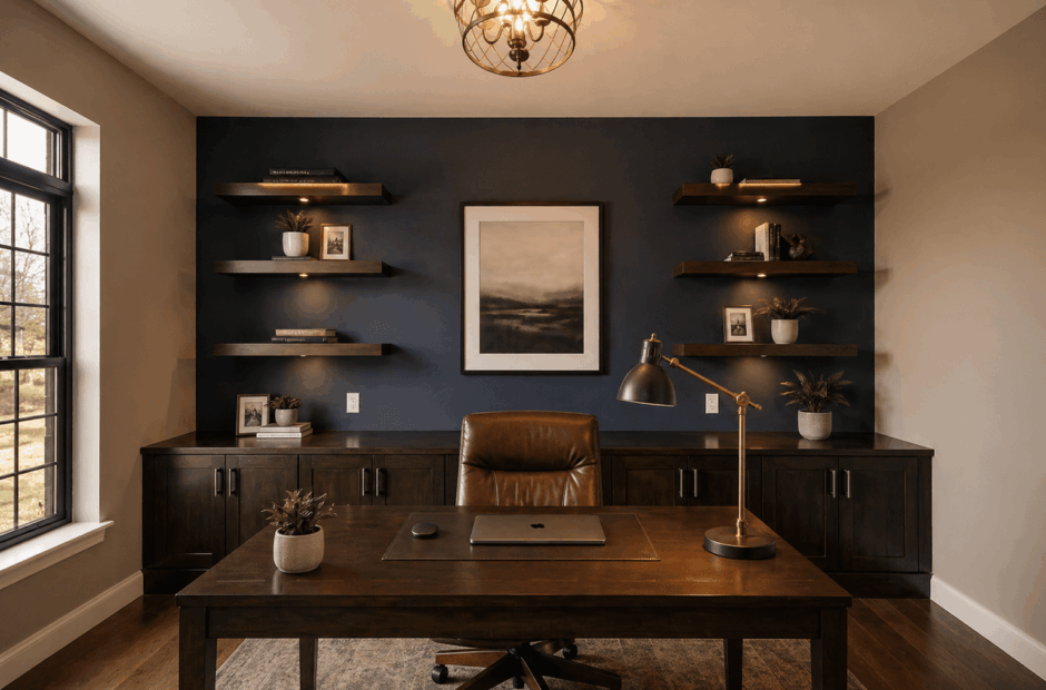 Rubicon floor plan home office with dark built-in cabinetry, navy accent wall, floating shelves, and black-framed windows — Justin Doyle Homes, Cincinnati