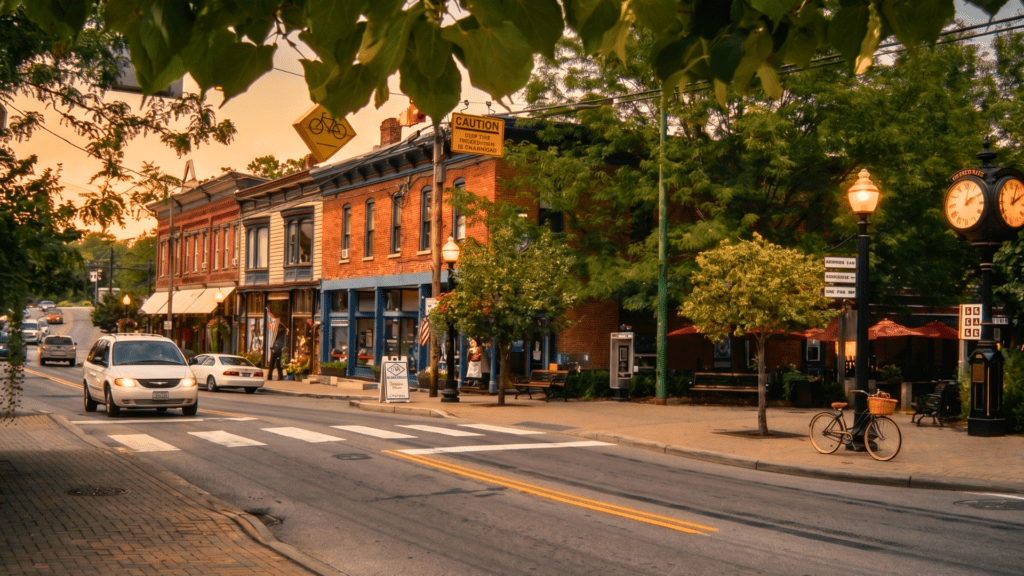Downtown Loveland Ohio at golden hour with brick storefronts, gas lamp street lights, and outdoor dining along the main street