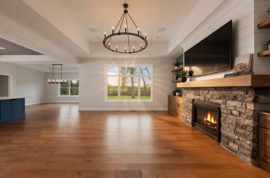 Oakmont floor plan open-concept great room with tray ceiling, stacked stone fireplace, wood mantel, and hardwood floors — Justin Doyle Homes, Cincinnati