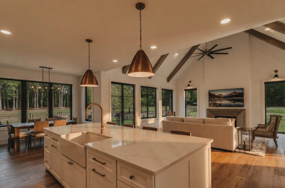 Oakmont II open concept kitchen, dining, and great room with vaulted ceiling, quartz island, and brass pendant lighting by Justin Doyle Homes — custom home builder Cincinnati