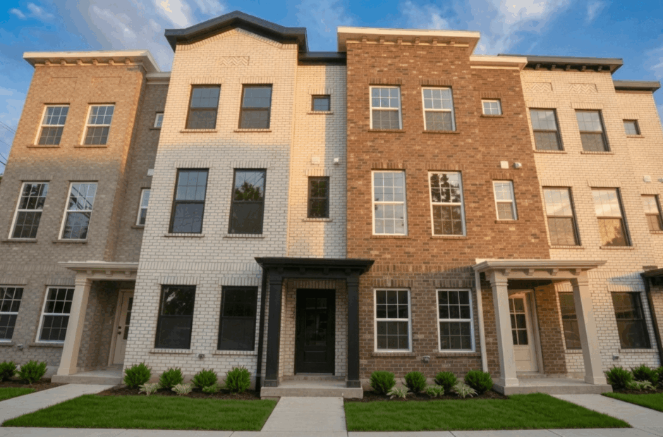 Exterior front view of new construction townhomes at Lebanon Landing in historic downtown Lebanon, Ohio, featuring mixed brick facades and covered entries.