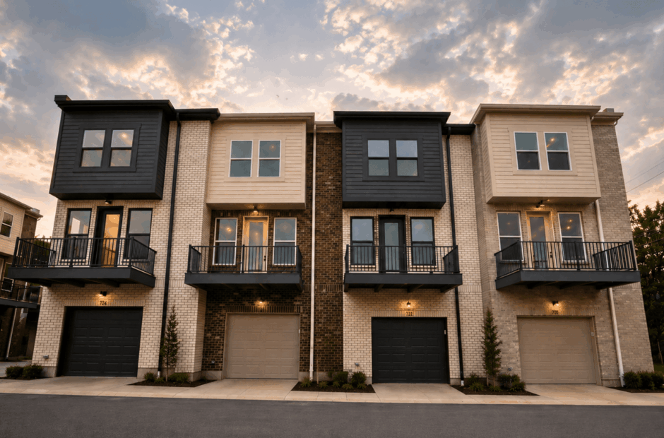 Rear view of Lebanon Landing new construction townhomes at twilight, showing private balconies, garage-level access, and three-story brick and dark accent design.