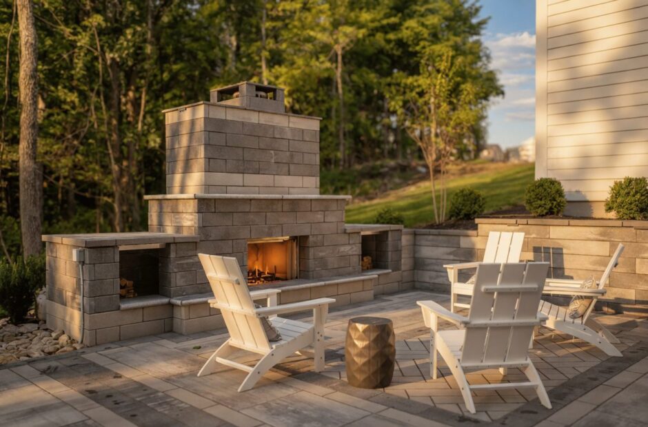 Oakmont floor plan outdoor patio with stone fireplace, built-in seating wall, Adirondack chairs, and wooded lot — Justin Doyle Homes, Cincinnati