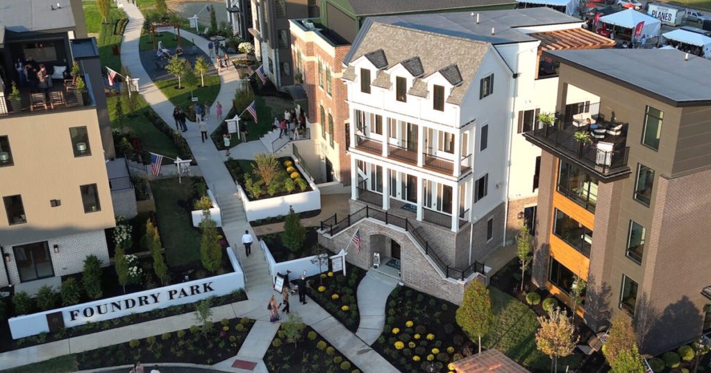 Aerial view of Foundry Park in Oakley, Cincinnati, showcasing the 2025 Homearama site with Justin Doyle Homes custom home lots, highlighting vertical living and modern design.