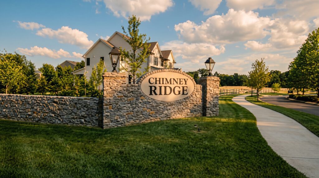ChimneyRidge entrance sign in Loveland, Ohio, set in a natural stone wall between two gas lanterns on stone pillars