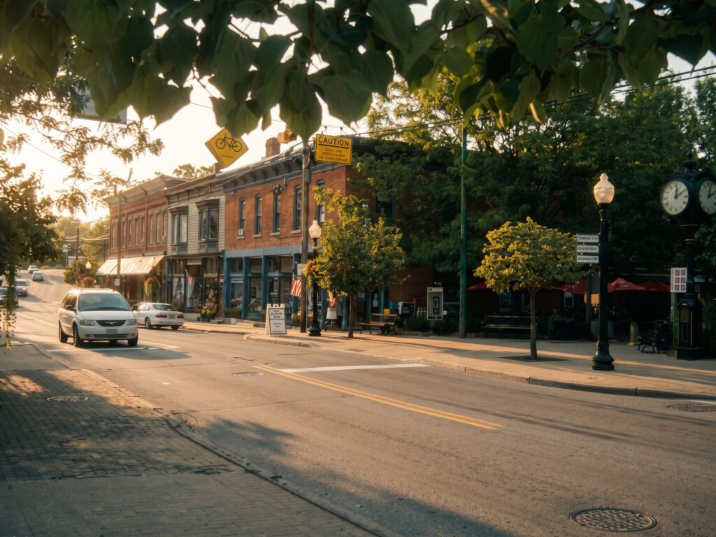 Historic brick storefronts in downtown Loveland, Ohio, at golden hour, with an American flag and a sidewalk street clock