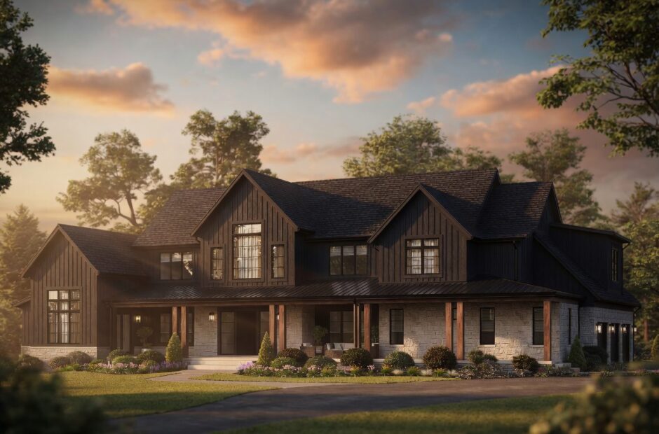 Exterior rendering of The Ironwood luxury custom home by Justin Doyle Homes, HOMEARAMA 2026 showcase home at The Estates at Bothe Farms in Loveland, Ohio