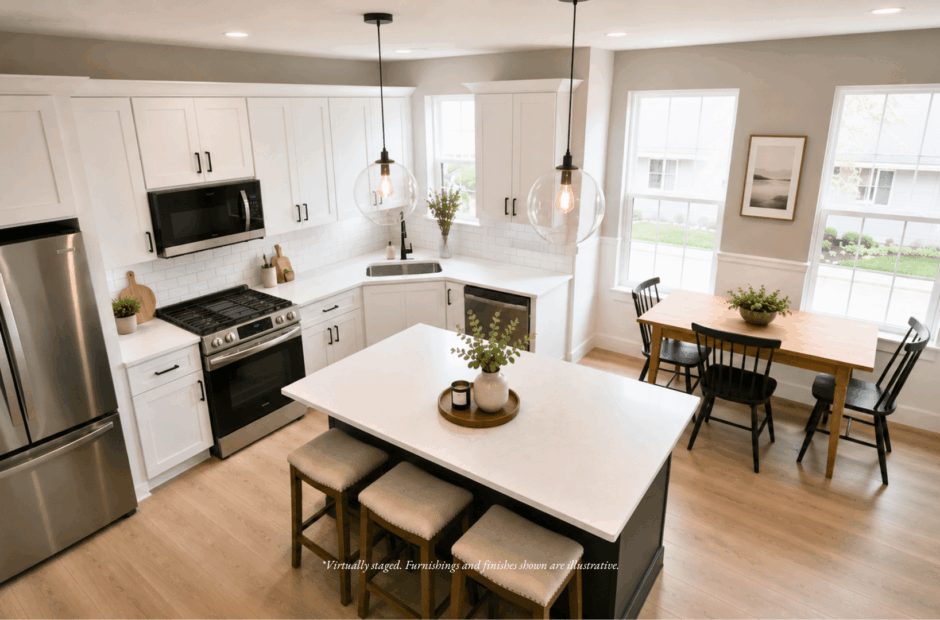 Open-concept kitchen in a Lebanon Landing 2 bedroom townhome with white Shaker cabinets, quartz countertops, stainless steel appliances, and a large center island.