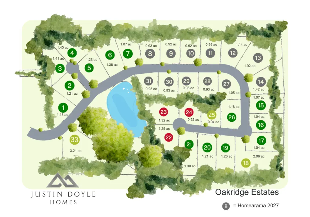 Oakridge Estates site map showing 14 available homesites, 3 pending, 3 sold, and 12 held for Homearama 2027