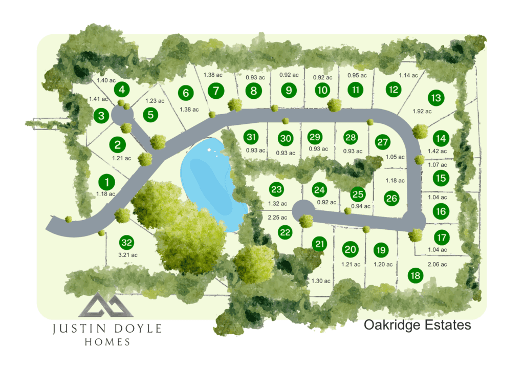 Site plan of Oakridge Estates in Loveland, OH, showing 32 available lots for Justin Doyle Homes custom homes, highlighting privacy and first-to-build opportunities in a brand-new community.