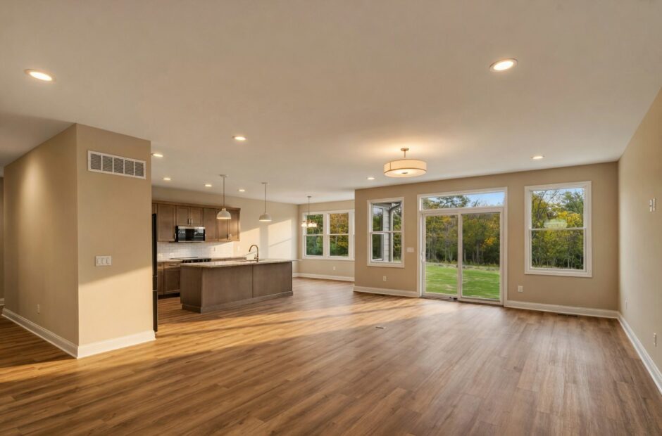 Alder floor plan open-concept great room and kitchen with hardwood floors, kitchen island, and rear windows overlooking wooded lot — Justin Doyle Homes, Cincinnati