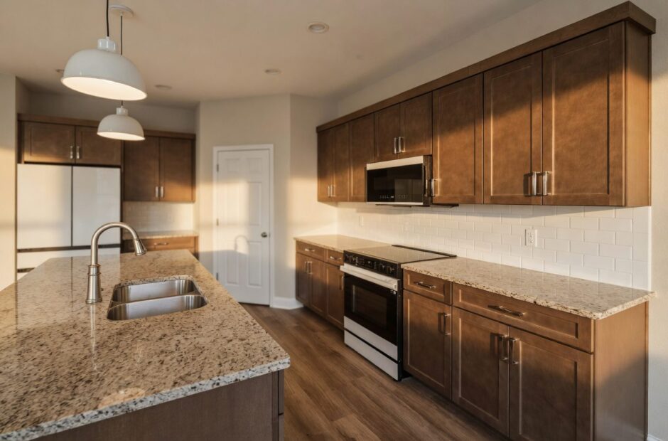 Alder floor plan kitchen with medium-stained shaker cabinetry, granite island with double undermount sink, subway tile backsplash, and stainless steel appliances — Justin Doyle Homes, Cincinnati