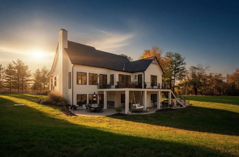 Oakmont II rear exterior with walkout lower level — covered patio, upper deck, and expansive backyard at golden hour by Justin Doyle Homes Cincinnati