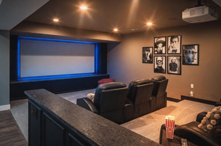 Oakmont floor plan finished basement home theater with projection screen, leather recliner seating, wet bar, and LED accent lighting — Justin Doyle Homes, Cincinnati