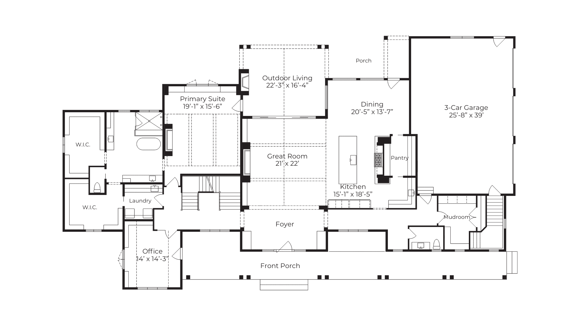 The Ironwood first floor plan — main level layout featuring primary suite, great room, covered outdoor living, kitchen, dining, office, and three-car garage by Justin Doyle Homes