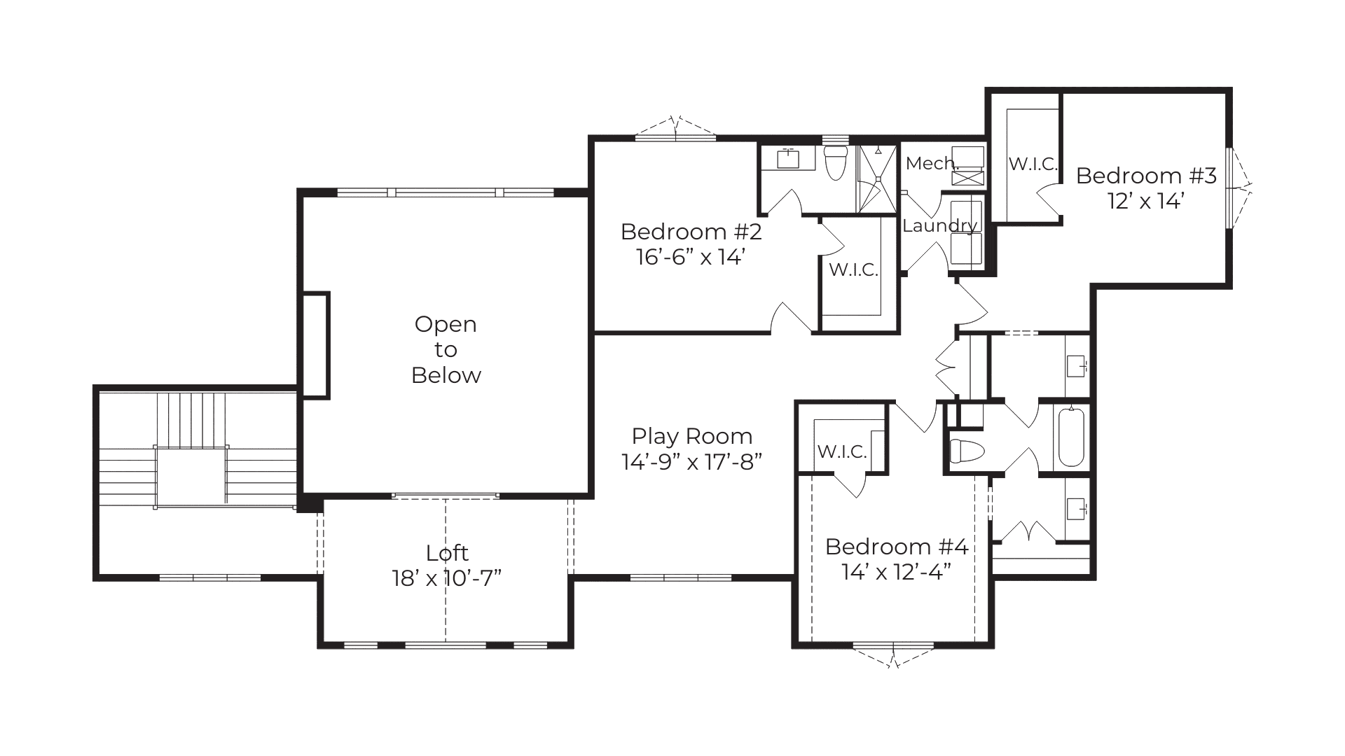 The Ironwood second floor plan — upper level layout featuring three bedrooms, loft, and play room by Justin Doyle Homes