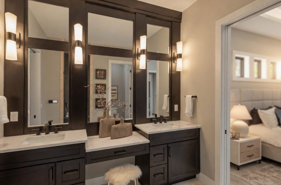 Oakmont floor plan primary bath with dual vanity, dark stained cabinetry, quartz countertops, framed mirrors, and direct access to primary suite — Justin Doyle Homes, Cincinnati