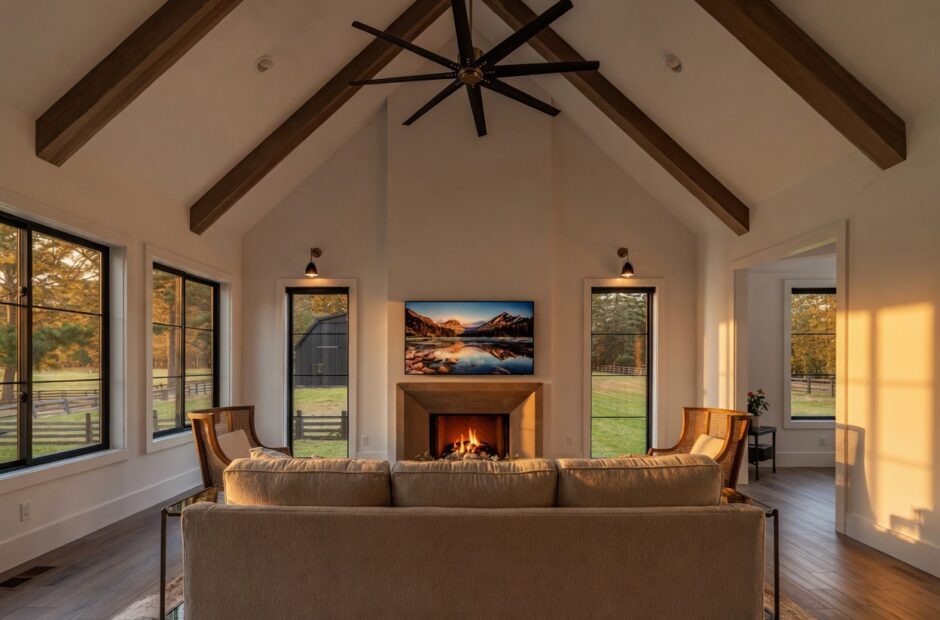 Oakmont II great room with vaulted cathedral ceiling, wood beams, fireplace, and black-framed windows by Justin Doyle Homes — custom home builder Cincinnati