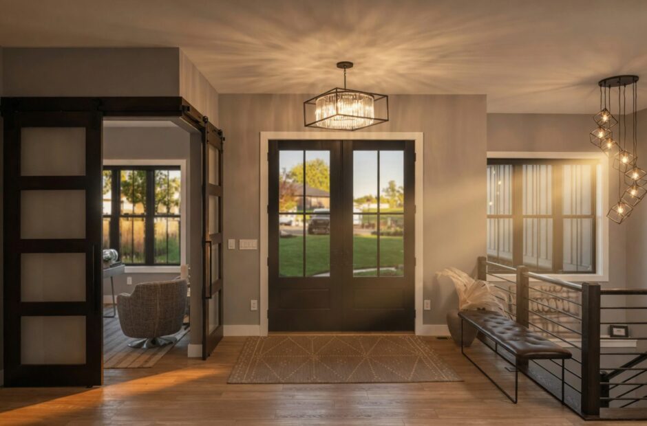 Oakmont floor plan entryway with French doors, barn door study entry, crystal chandelier, and hardwood floors — Justin Doyle Homes, Cincinnati
