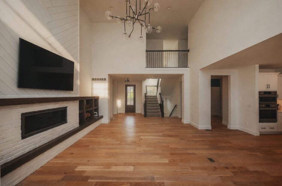 Cypress Pointe floor plan two-story great room with white brick fireplace, shiplap accent wall, second-floor balcony overlook, and hardwood floors — Justin Doyle Homes, Cincinnati
