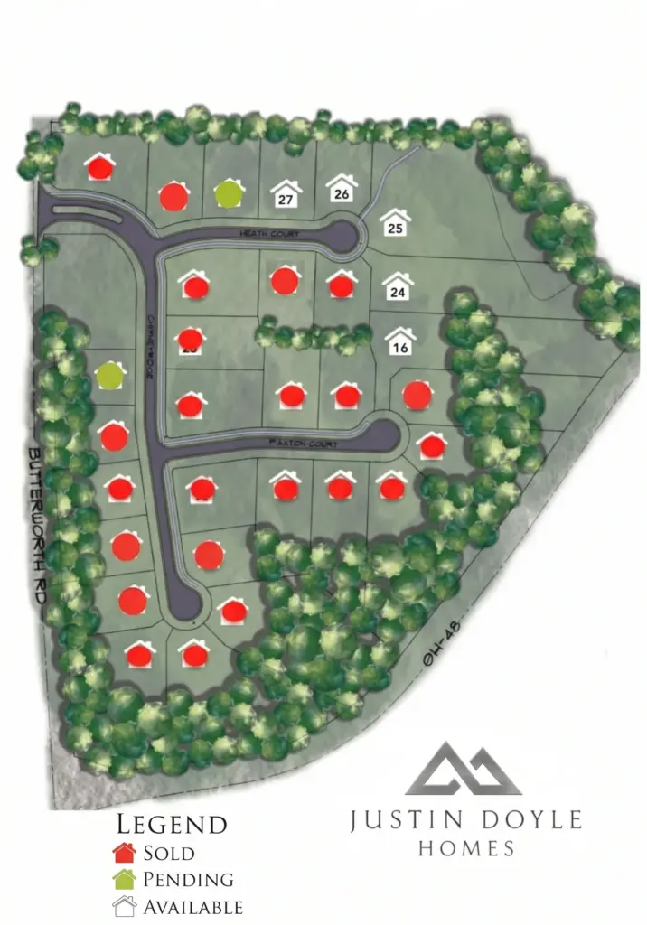 ChimneyRidge site map showing 30 homesites on three cul-de-sacs off Butterworth Road, with sold, pending and available homesites marked