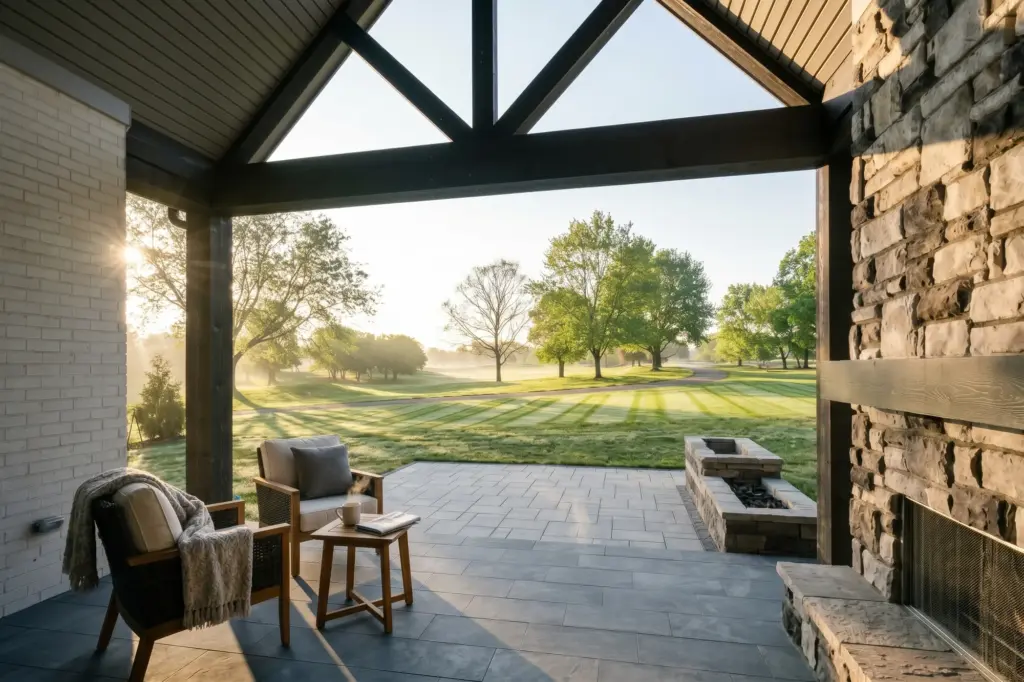 Covered stone patio with a fireplace, two chairs and a cup of coffee, facing a freshly mowed fairway in morning mist