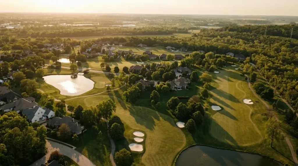 Aerial view at golden hour of a golf course community with ponds, sand bunkers, mature trees and homes along the fairways