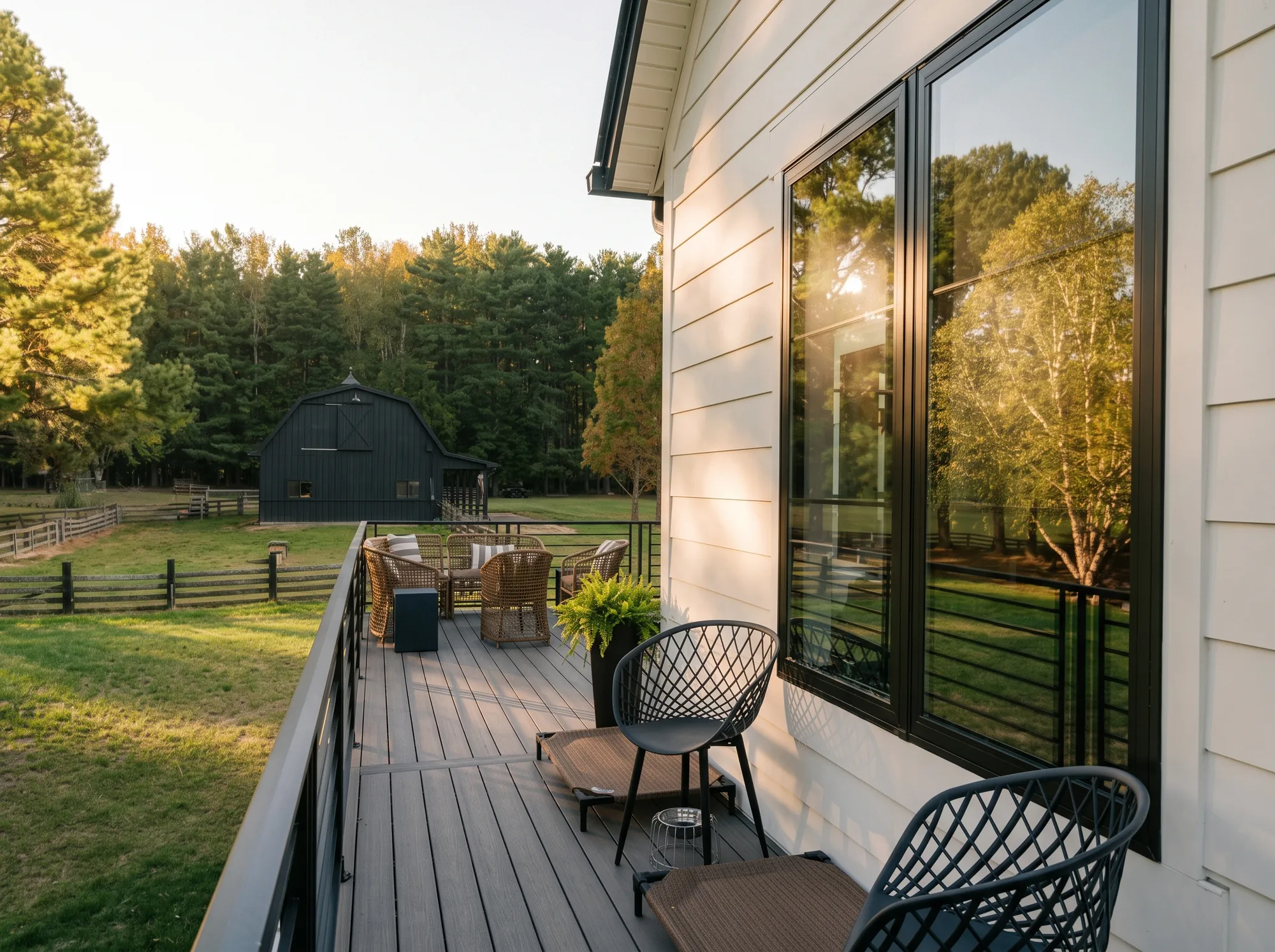 Back deck of a white custom home at golden hour, with wicker chairs, two dog beds and a black barn across a fenced pasture