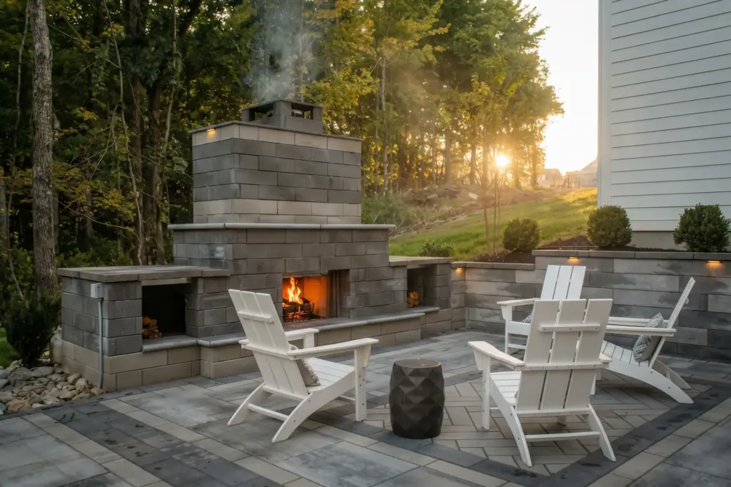 Paver patio with an outdoor stone fireplace and four white Adirondack chairs, with sun coming through the trees behind it