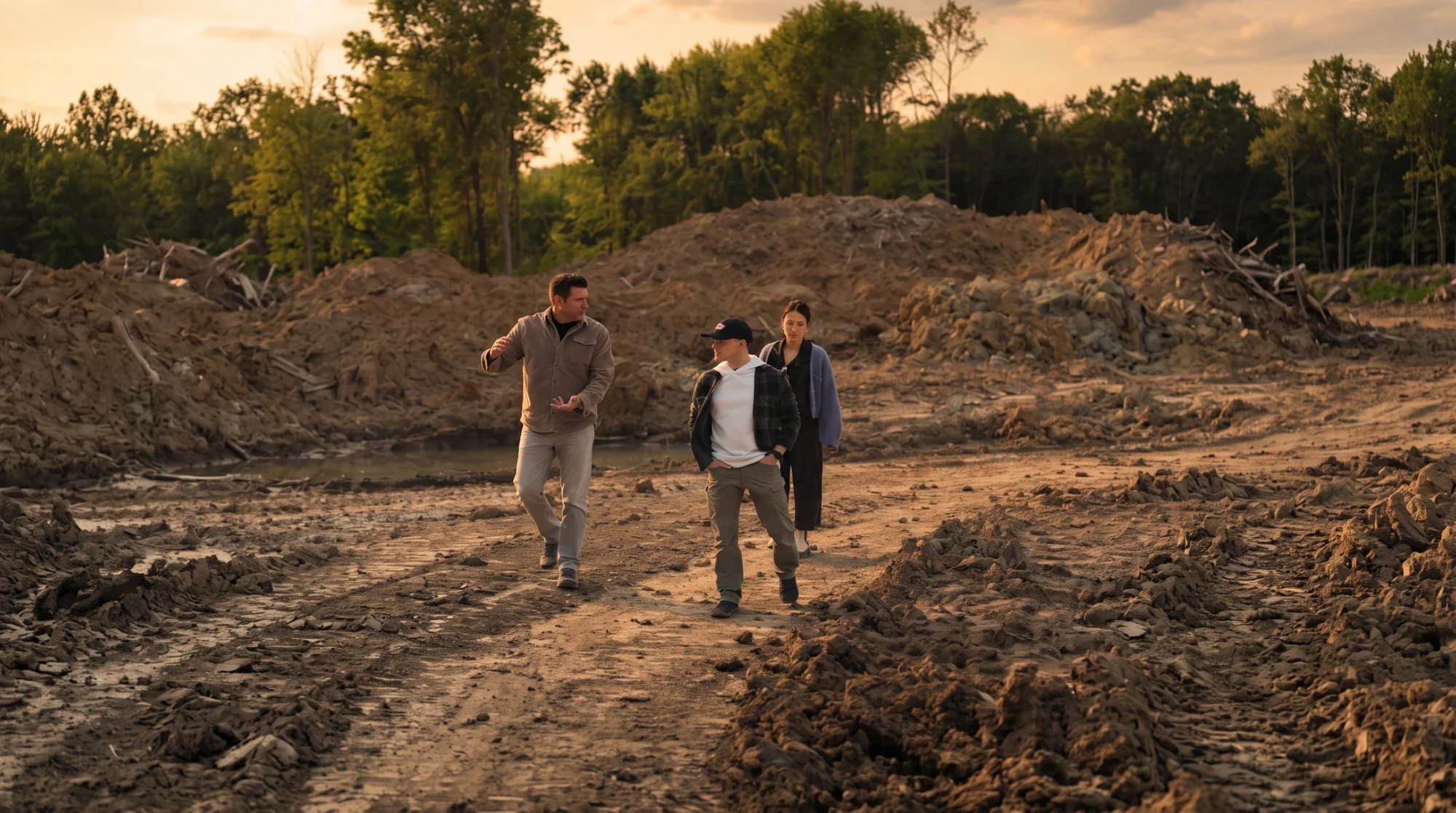 A builder walks a cleared homesite with a couple at golden hour, gesturing across the site, with mounds of earth and woods behind them