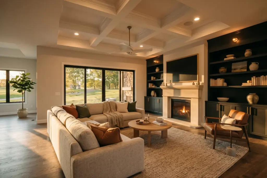 Great room with a coffered ceiling, fireplace between dark built-in shelves, and sliding doors open to a golf course view