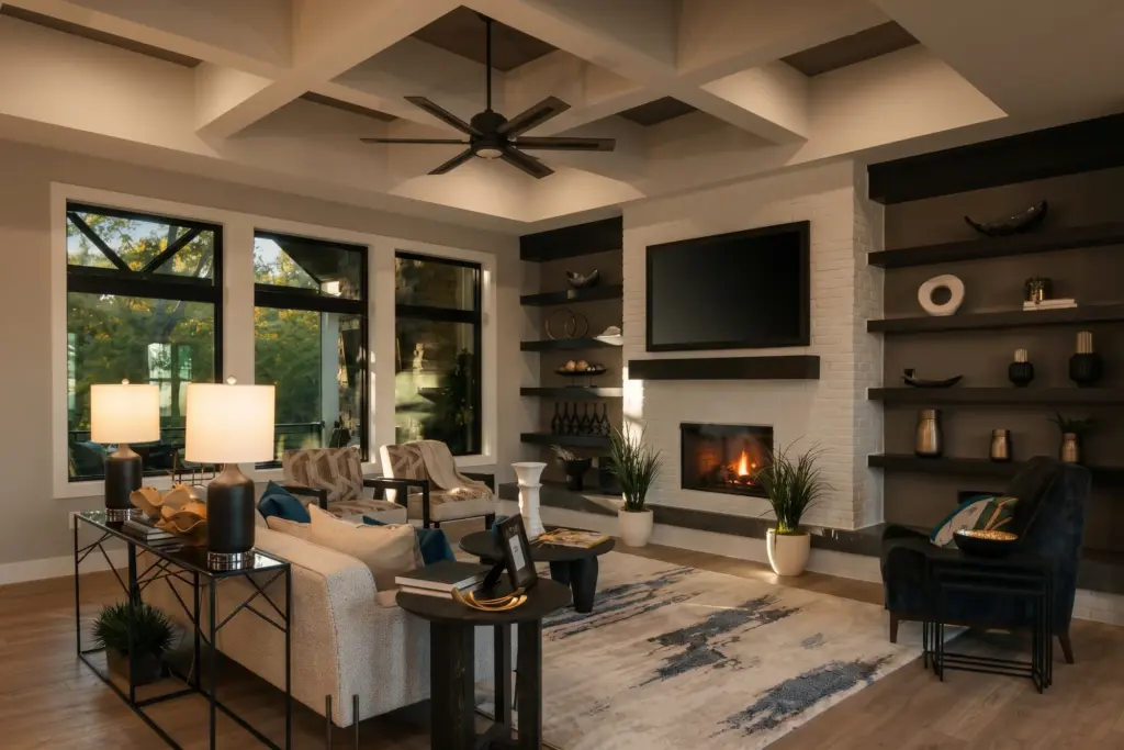 Great room with a coffered ceiling, a white brick fireplace between dark floating shelves, and tall windows to a covered porch