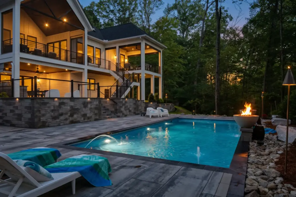 Rear of a custom home at dusk, with a covered deck above a walkout lower level that opens to a pool, fire bowl and woods