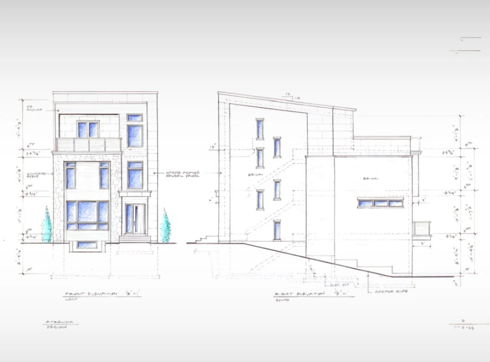 Hand-drawn front and side elevations of a four-level home, with stone, brick and panel siding, a top-floor balcony and the slope of the lot drawn in